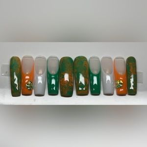 Green,orange,white French press on nails